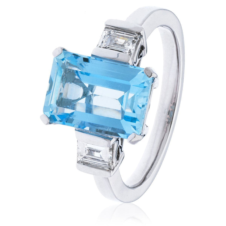 Aquamarine & Diamond 3 Stone Ring 3.74ct F-VS Quality 18k White Gold - David Ashley