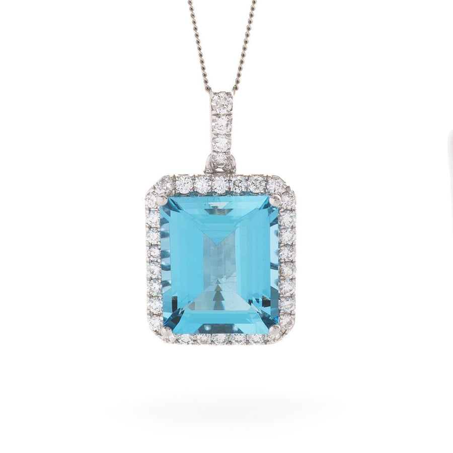 Aquamarine & Diamond Halo Necklace 4.61ct F VS Quality in 18k White Gold - David Ashley