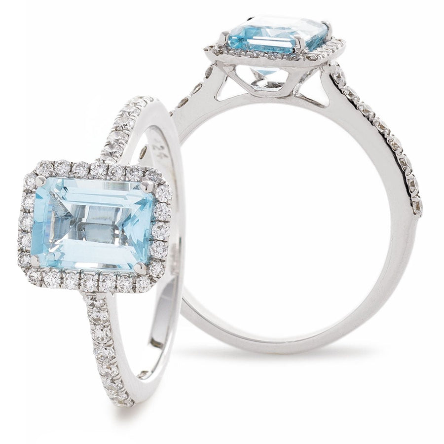 Aquamarine & Diamond Halo Ring 1.75ct F-VS Quality in 18k White Gold - David Ashley