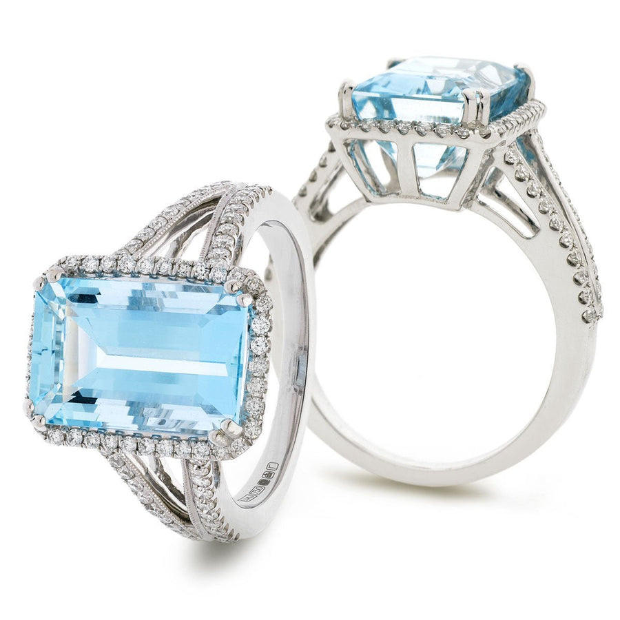 Aquamarine & Diamond Halo Ring 6.47ct F-VS Quality in 18k White Gold - David Ashley