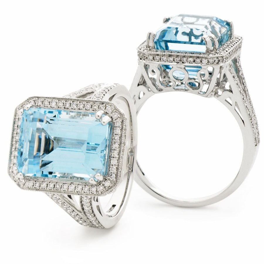 Aquamarine & Diamond Halo Ring 9.54ct F-VS Quality in 18k White Gold - David Ashley