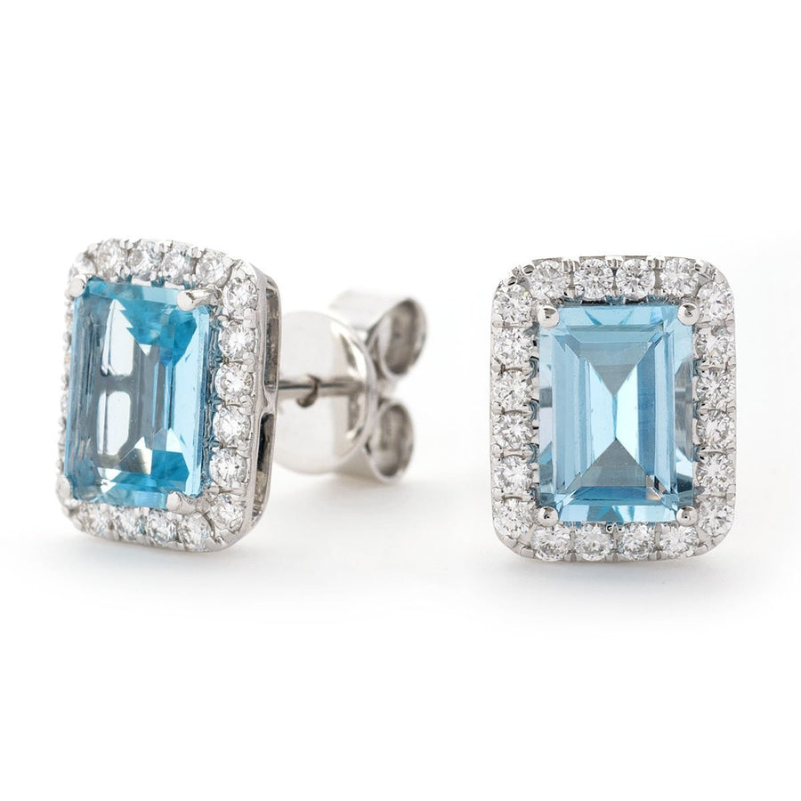 Aquamarine & Diamond Rectangle Cluster Earrings 2.03ct in 18k White Gold - David Ashley