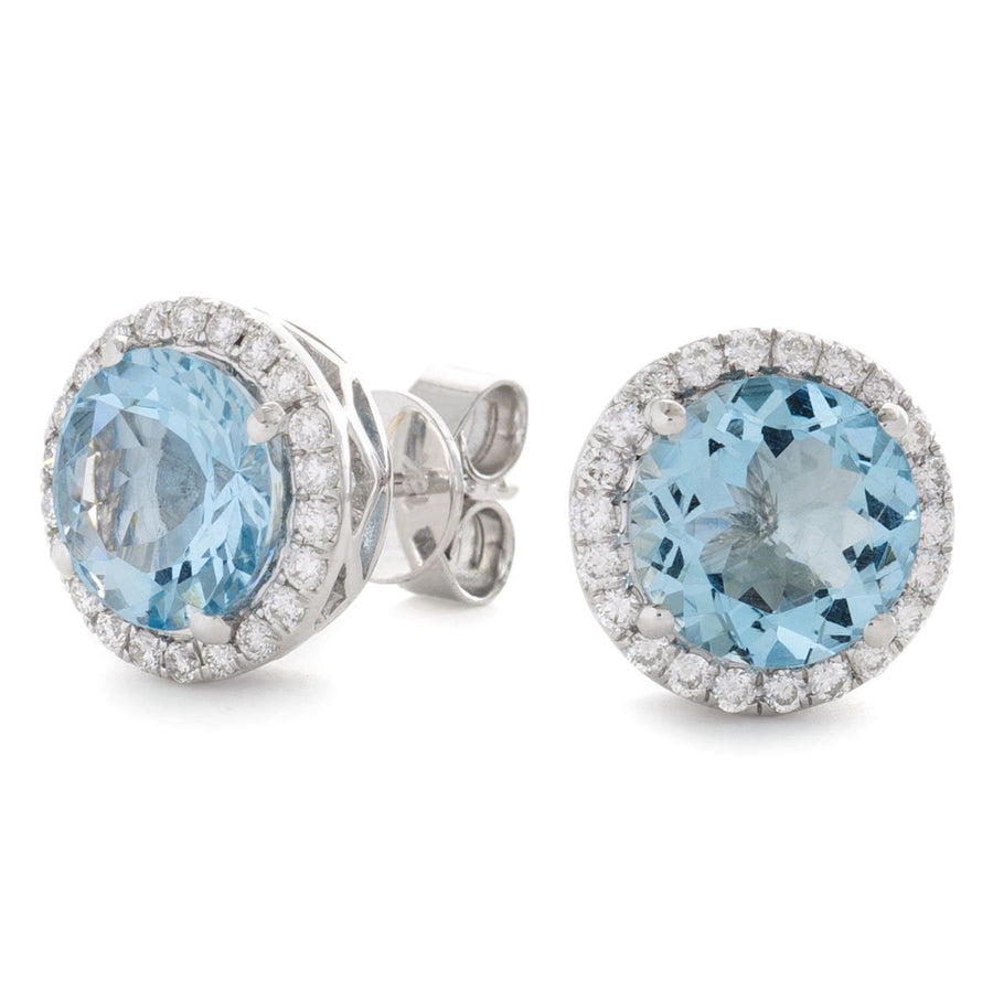 Aquamarine & Diamond Round Cluster Earrings 3.62ct in 18k White Gold - David Ashley