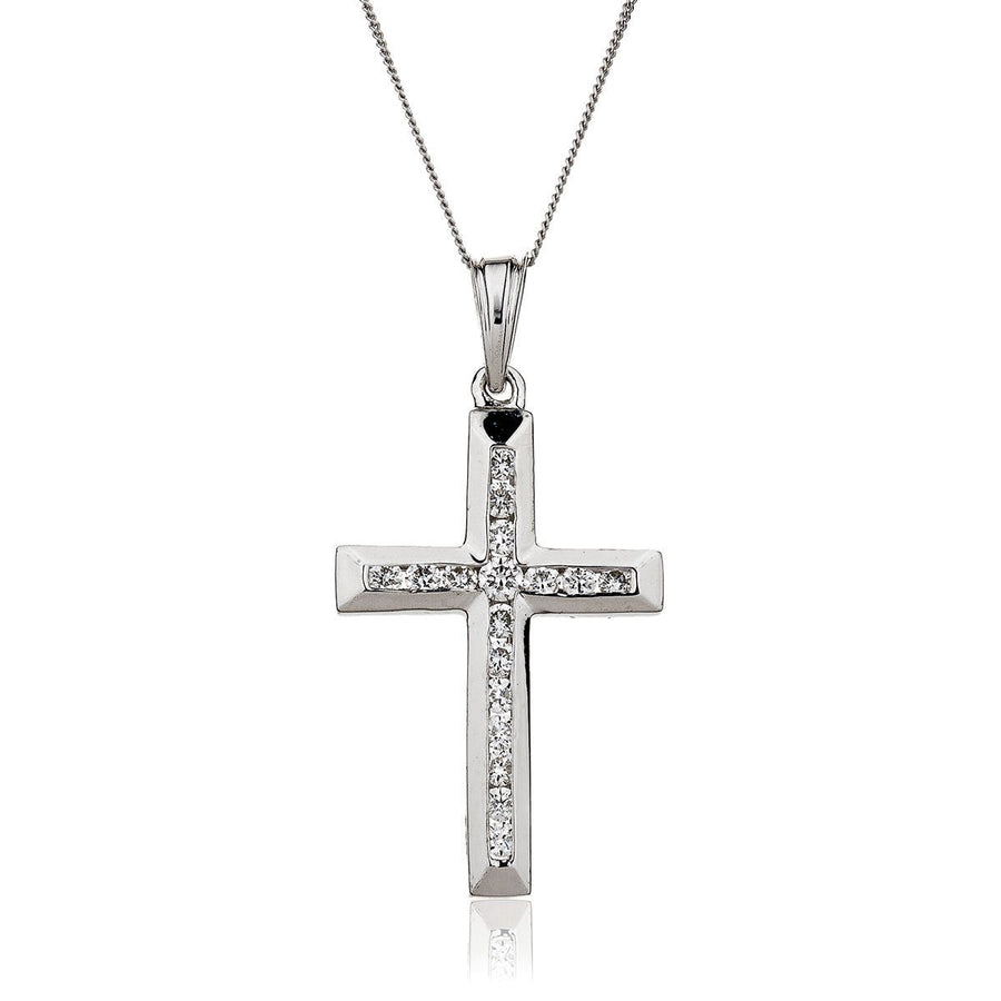 Diamond Cross Pendant Necklace 0.25ct G SI Quality in 9k White Gold - David Ashley