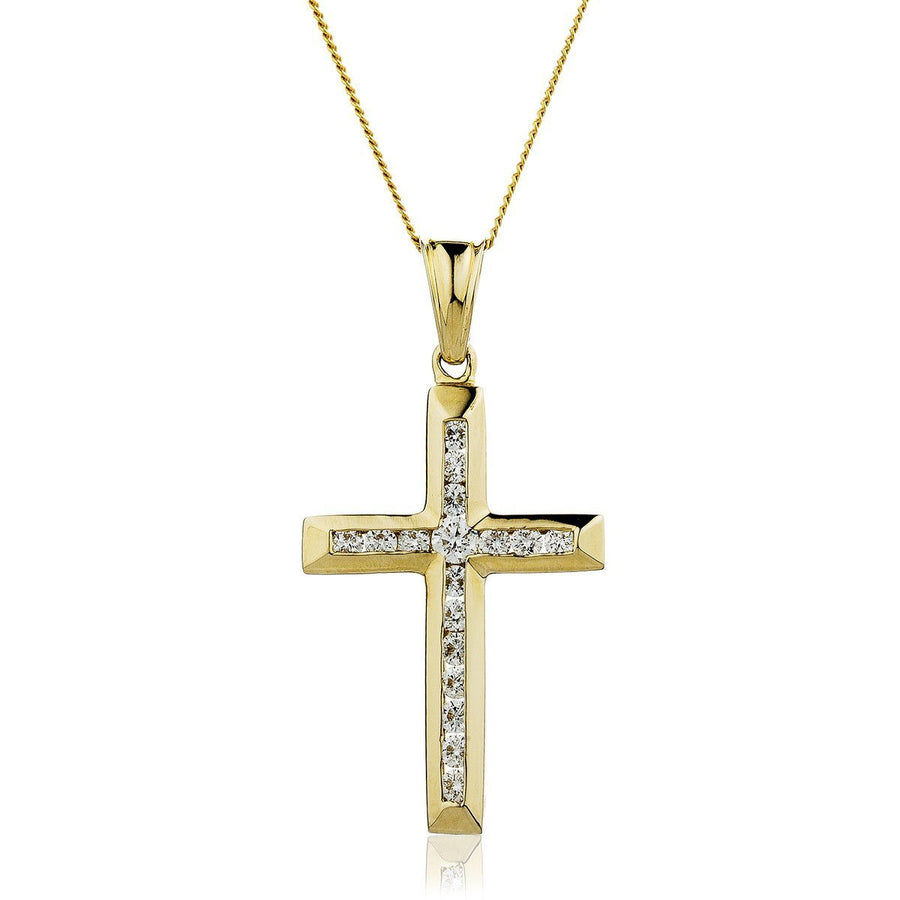 Diamond Cross Pendant Necklace 0.50ct G SI Quality in 9k Yellow Gold - David Ashley