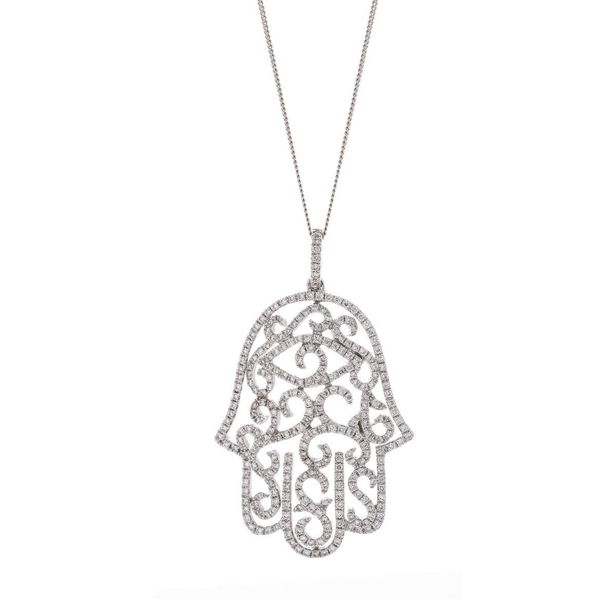 Diamond Hamsa Pendant Necklace 0.80ct F VS Quality in 18k White Gold - David Ashley