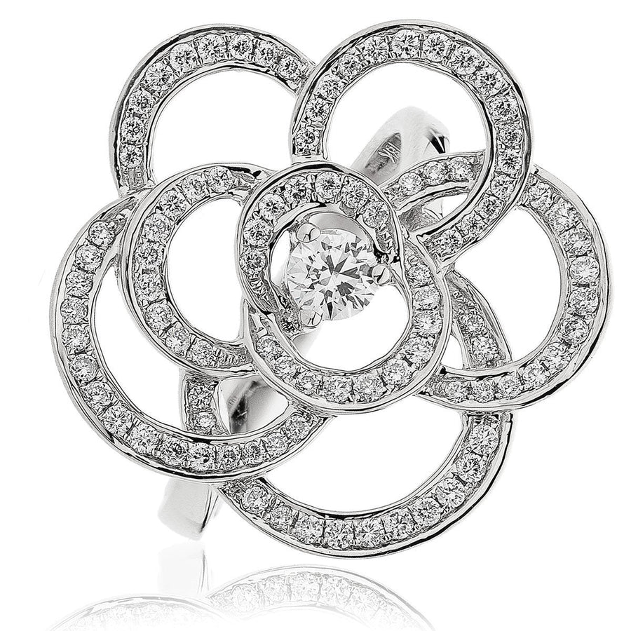 Diamond Rose Flower Ring 0.70ct F-VS Quality in 18k White Gold - David Ashley