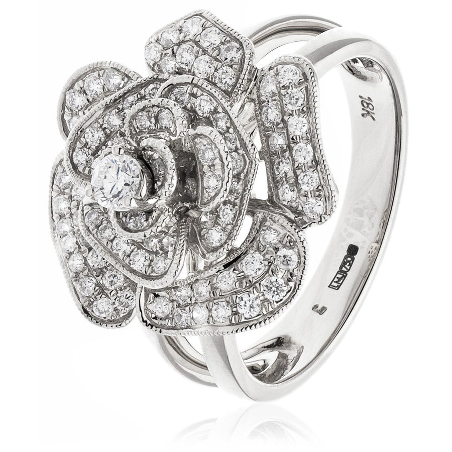 Diamond Rose Flower Ring 1.20ct F-VS Quality in 18k White Gold - David Ashley