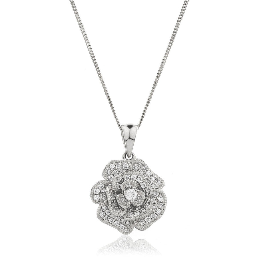 Diamond Rose Pendant Necklace 0.25ct F VS Quality in 18k White Gold - David Ashley