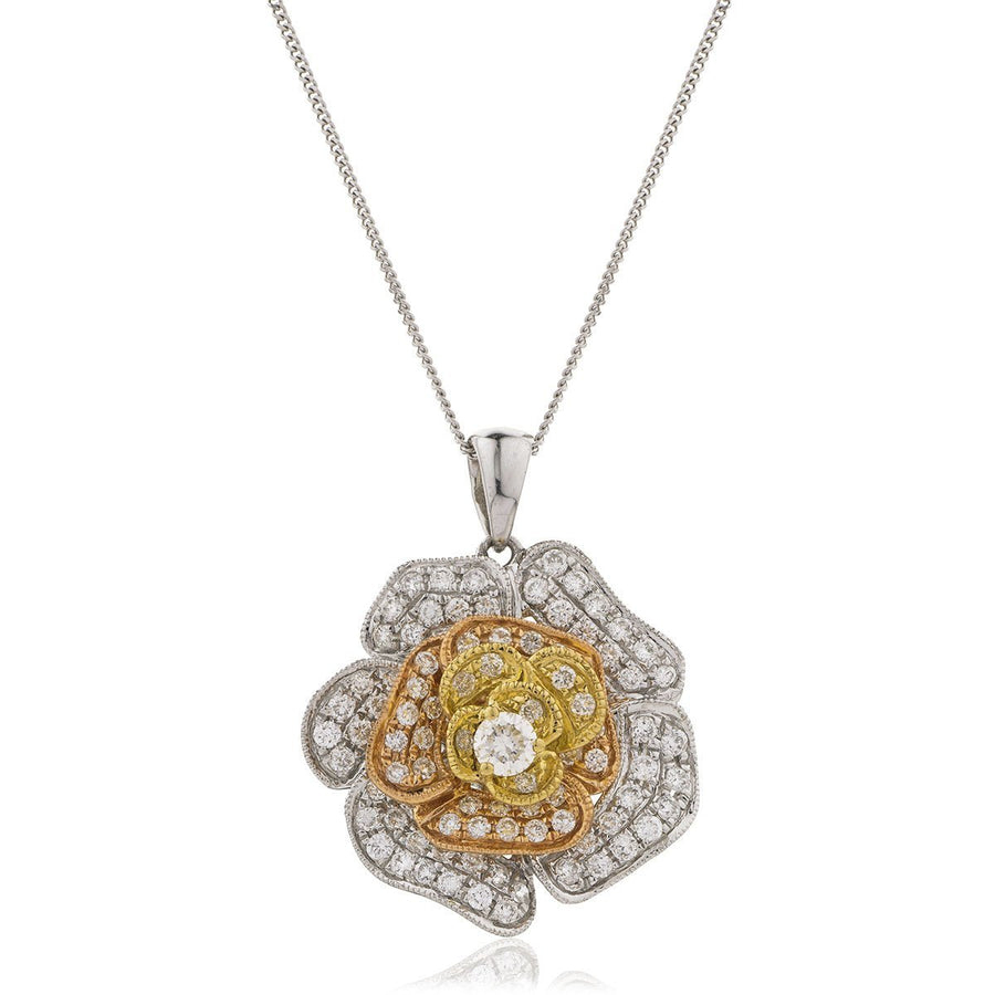 Diamond Rose Pendant Necklace 0.60ct F VS Quality in 18k 3 Tone Gold - David Ashley
