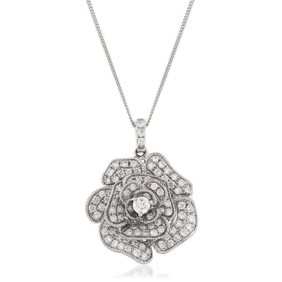 Diamond Rose Pendant Necklace 0.60ct F VS Quality in 18k White Gold - David Ashley