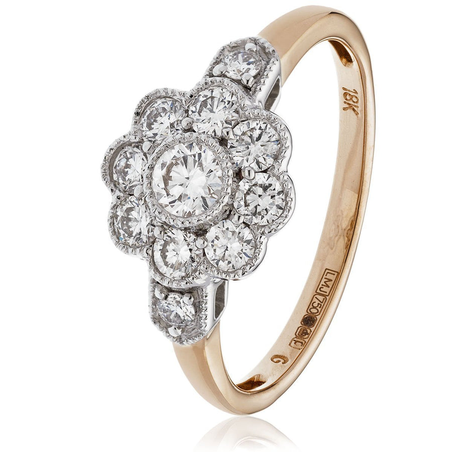 Diamond Vintage Cluster Ring 0.60ct F-VS Quality in 18k Rose Gold - David Ashley