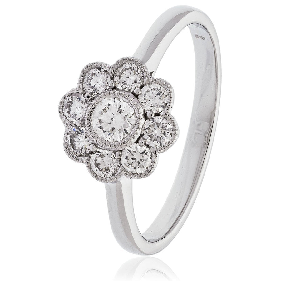 Diamond Vintage Cluster Ring 0.60ct F-VS Quality in 18k White Gold - David Ashley