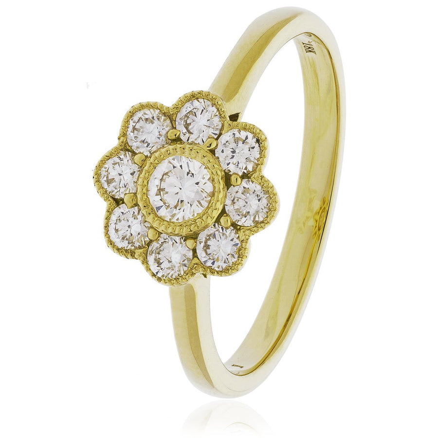 Diamond Vintage Cluster Ring 0.60ct F-VS Quality in 18k Yellow Gold - David Ashley