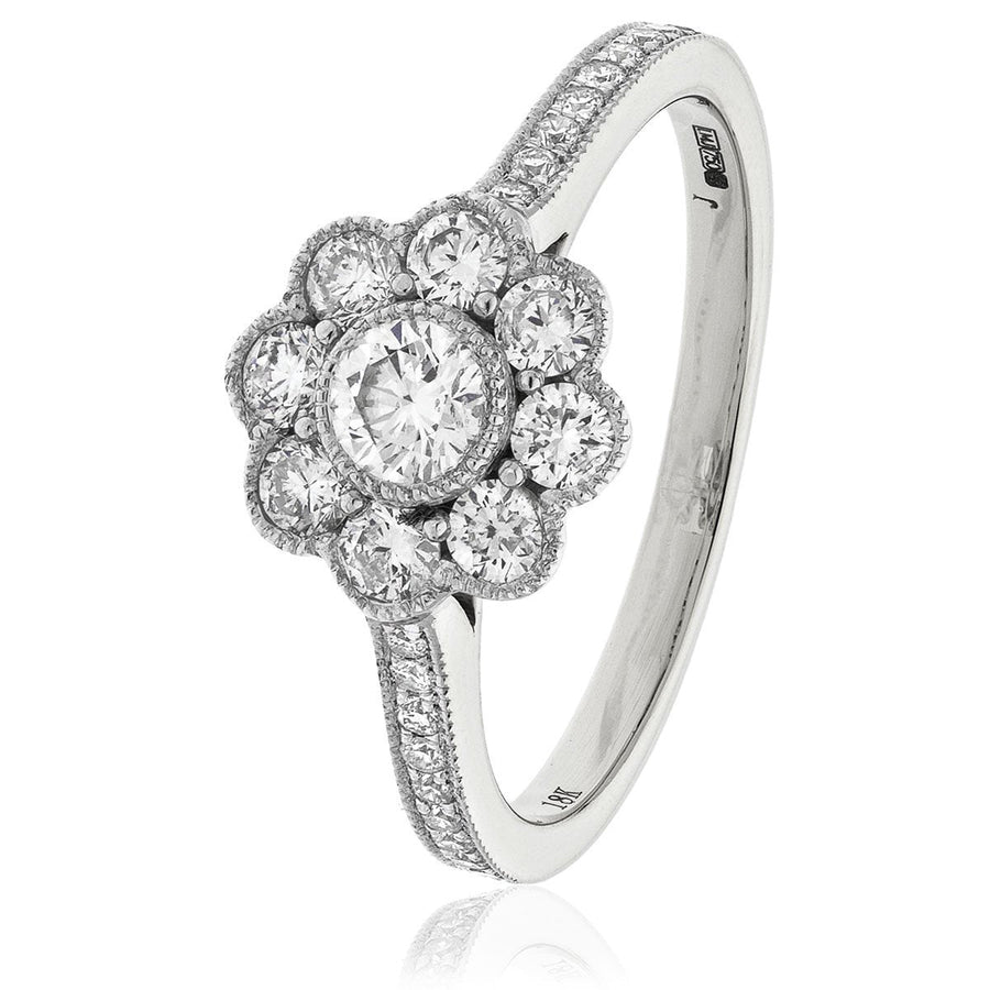 Diamond Vintage Cluster Ring 0.75ct F-VS Quality in 18k White Gold - David Ashley