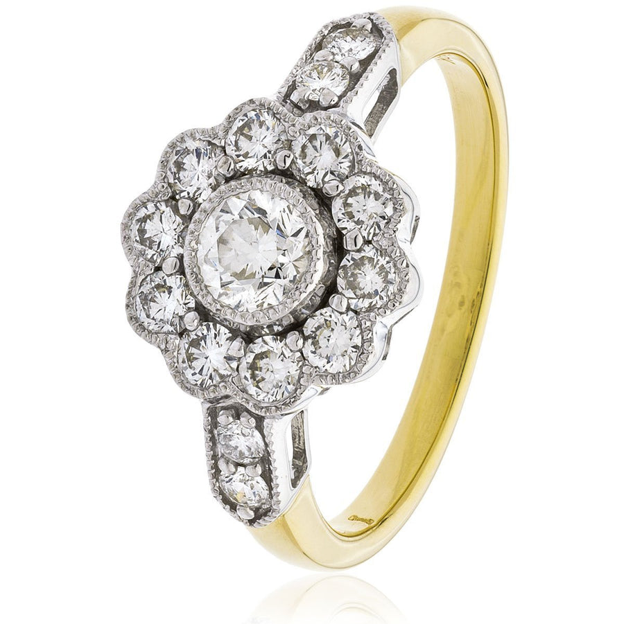 Diamond Vintage Cluster Ring 1.05ct F-VS Quality in 18k Yellow Gold - David Ashley