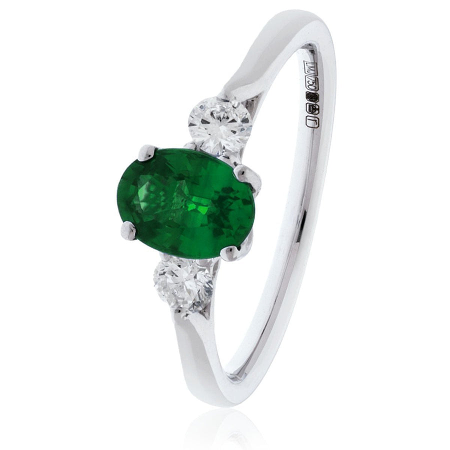 Emerald & Diamond 3 Stone Ring 0.60ct F-VS Quality in 18k White Gold - David Ashley