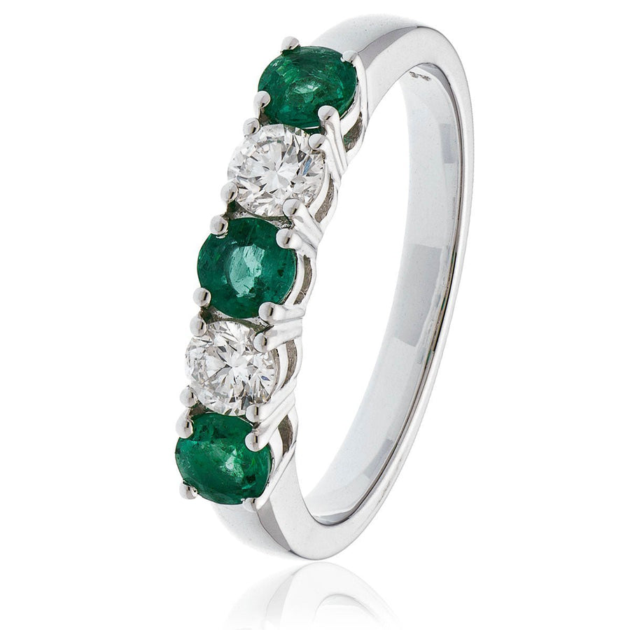 Emerald & Diamond 5 Stone Ring 0.75ct F-VS Quality in 18k White Gold - David Ashley