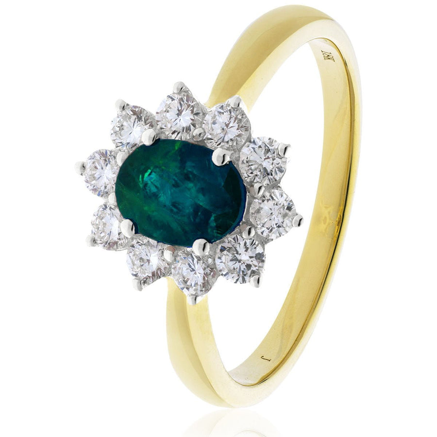 Emerald & Diamond Cluster Ring 0.75ct F-VS Quality in 18k Yellow Gold - David Ashley
