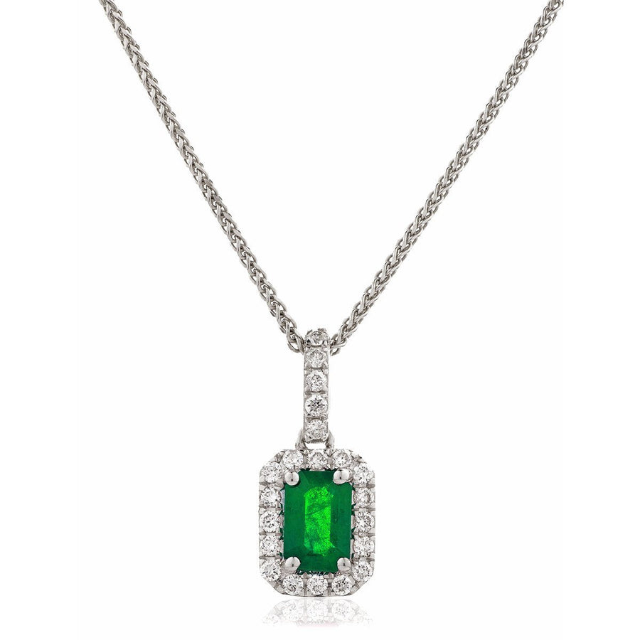 Emerald & Diamond Halo Necklace 0.50ct F VS Quality in 18k White Gold - David Ashley