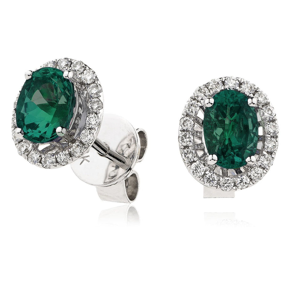 Emerald & Diamond Oval Cluster Earrings 1.00ct in 18k White Gold - David Ashley