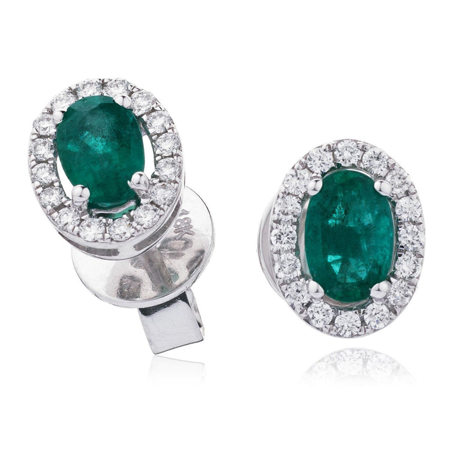 Emerald & Diamond Oval Cluster Earrings 1.30ct in 18k White Gold - David Ashley