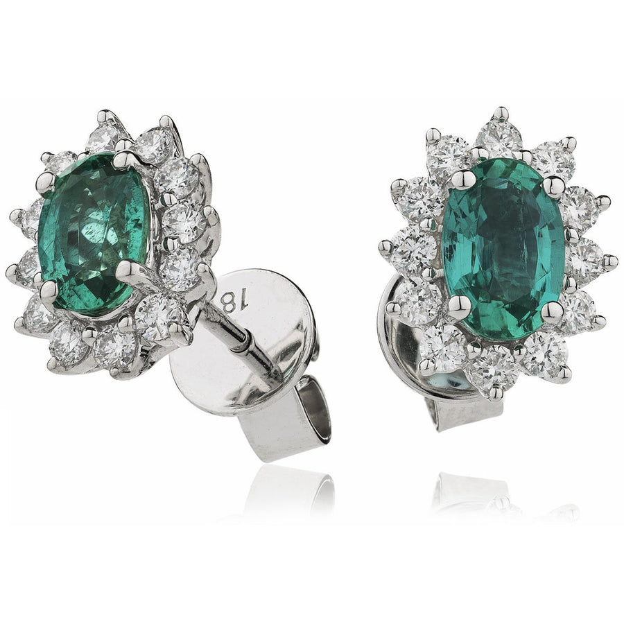 Emerald & Diamond Oval Cluster Earrings 1.40ct in 18k White Gold - David Ashley