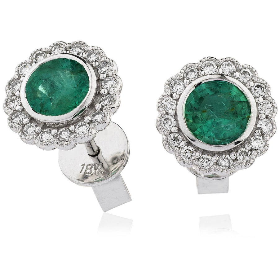 Emerald & Diamond Round Cluster Earrings 1.30ct in 18k White Gold - David Ashley