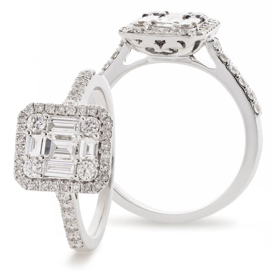 Rectangle Cluster Diamond Halo Ring 0.60ct F-VS Quality 18k White Gold - David Ashley