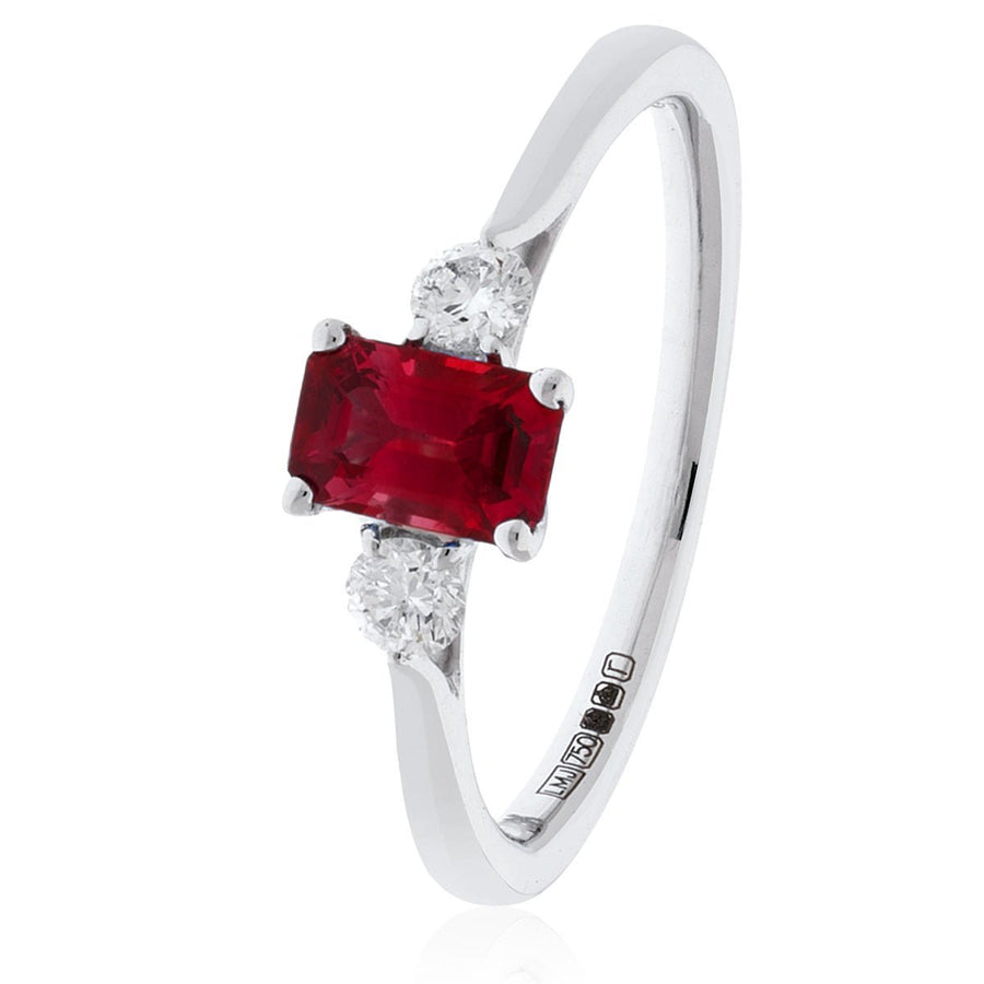 Ruby & Diamond 3 Stone Ring 0.80ct F-VS Quality in 18k White Gold - David Ashley
