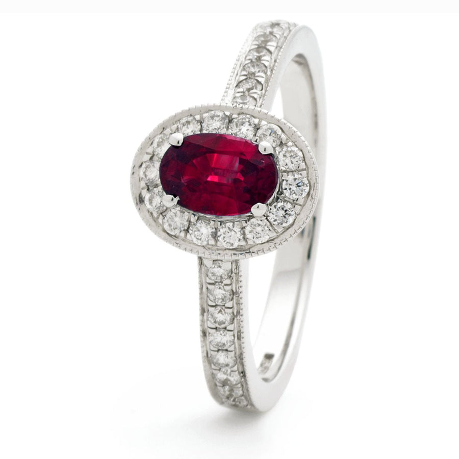 Ruby & Diamond Halo Engagement Ring 0.80ct F-VS Quality 18k White Gold - David Ashley