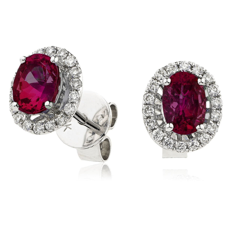 Ruby & Diamond Oval Cluster Earrings 0.90ct in 18k White Gold - David Ashley