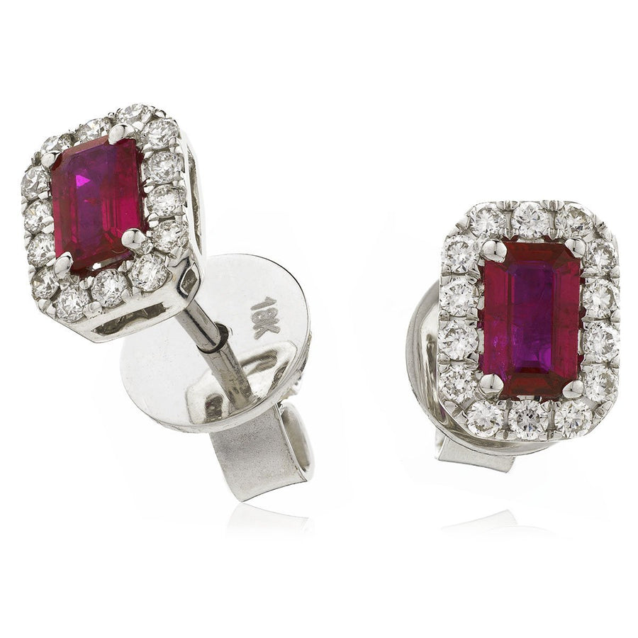 Ruby & Diamond Rectangle Cluster Earrings 0.90ct in 18k White Gold - David Ashley