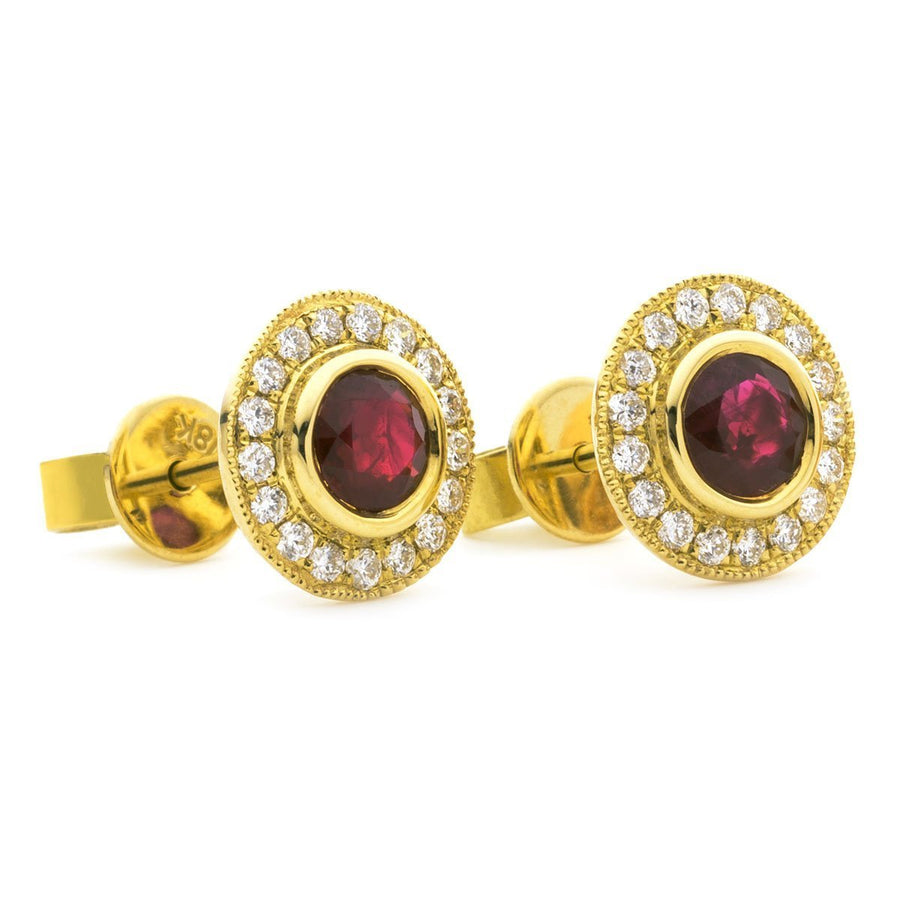 Ruby & Diamond Round Cluster Earrings 0.55ct in 18k Yellow Gold - David Ashley