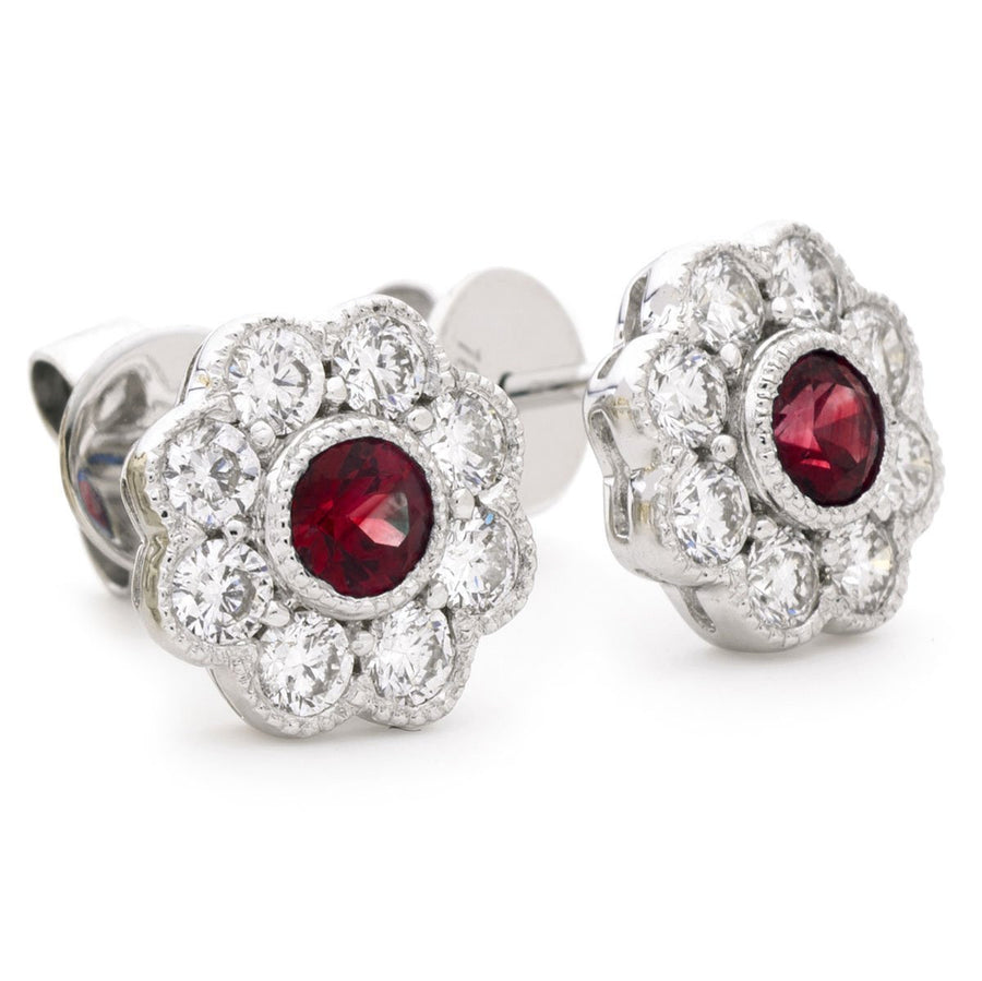 Ruby & Diamond Round Cluster Earrings 1.15ct in 18k White Gold - David Ashley