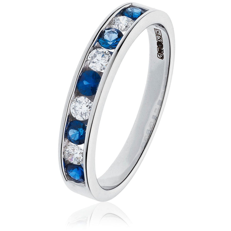 Sapphire & Diamond 9 Stone Ring 0.90ct F-VS Quality in 18k White Gold - David Ashley