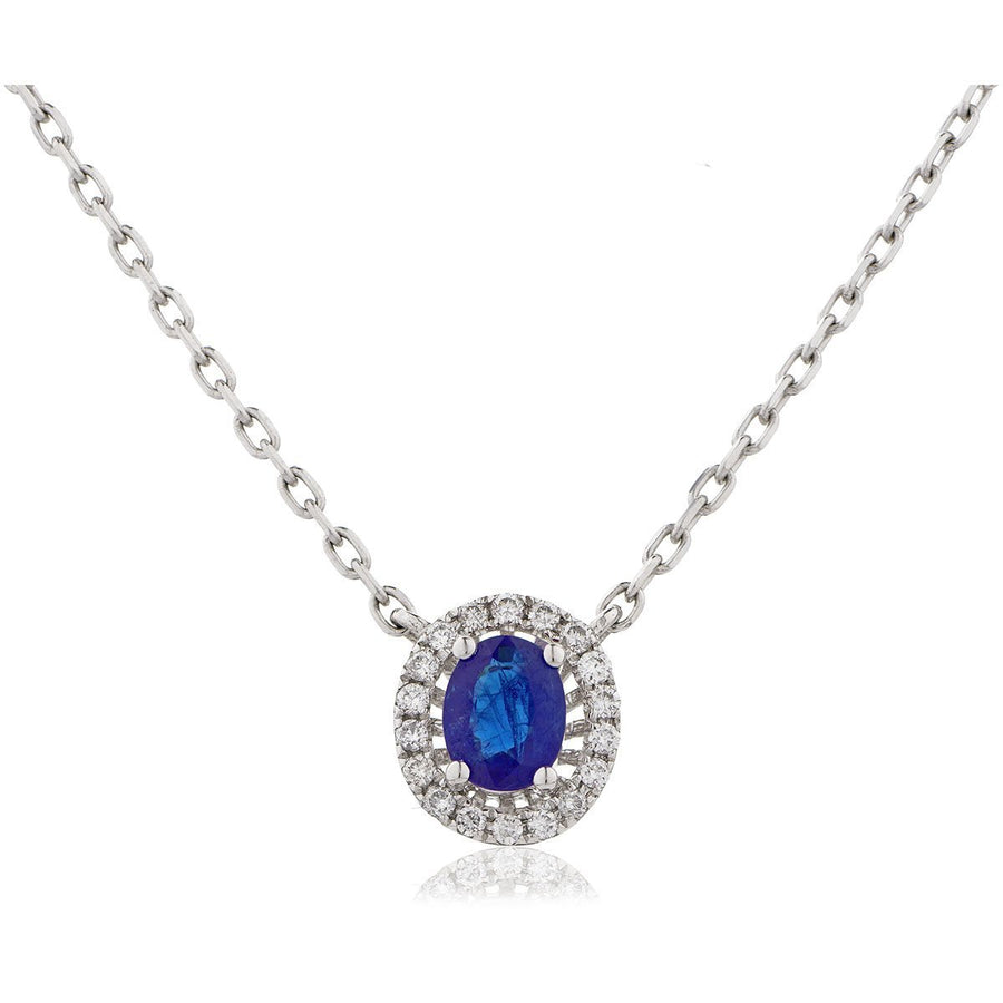 Sapphire & Diamond Halo Necklace 0.50ct F VS Quality in 18k White Gold - David Ashley