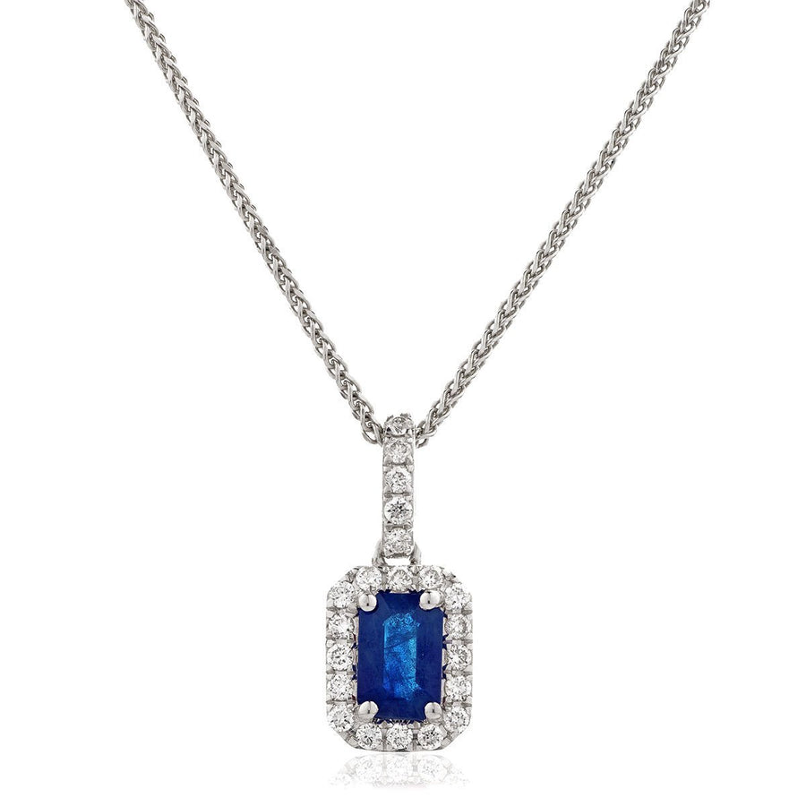 Sapphire & Diamond Halo Necklace 0.55ct F VS Quality in 18k White Gold - David Ashley
