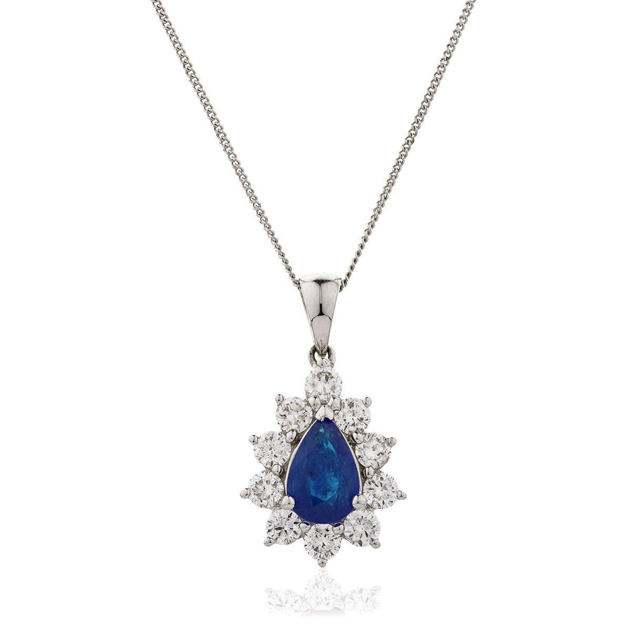 Sapphire & Diamond Halo Necklace 0.65ct F VS Quality in 18k White Gold - David Ashley
