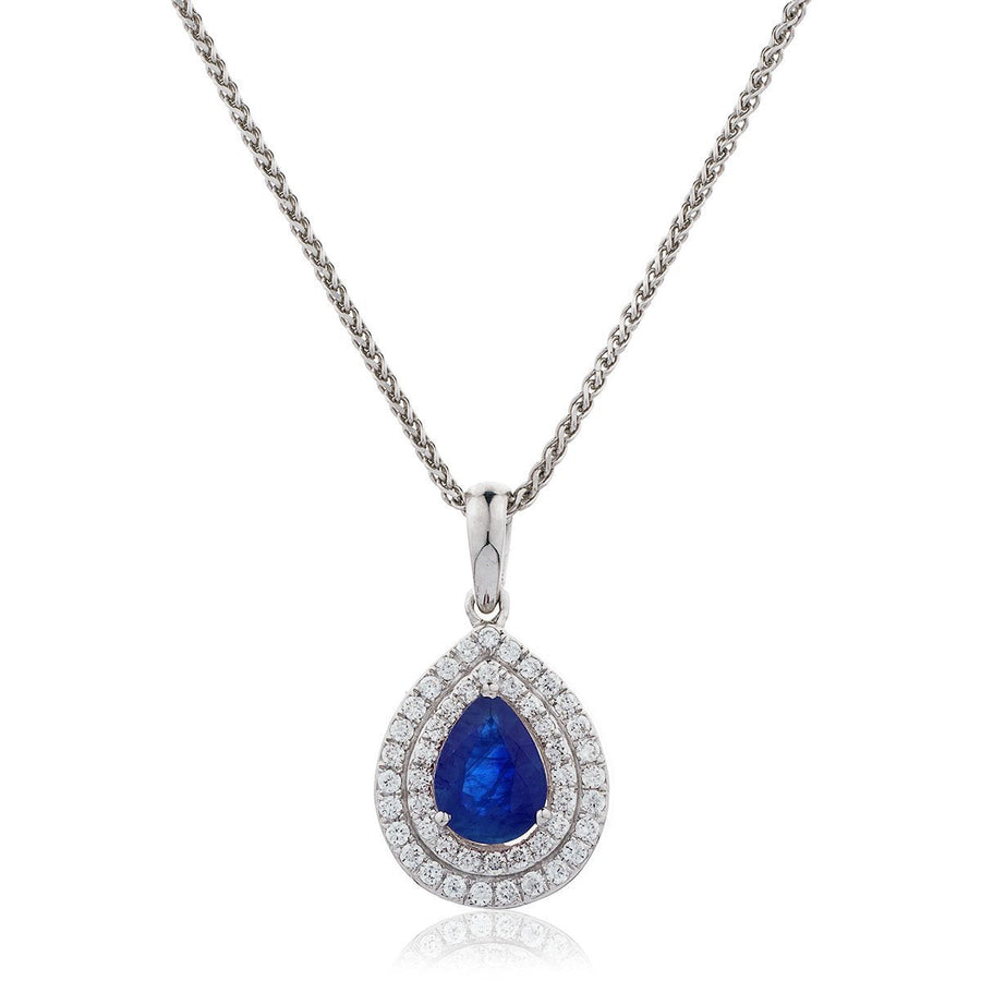Sapphire & Diamond Halo Necklace 0.95ct F VS Quality in 18k White Gold - David Ashley