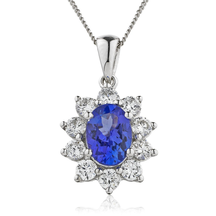 Sapphire & Diamond Halo Necklace 2.50ct F VS Quality in 18k White Gold - David Ashley