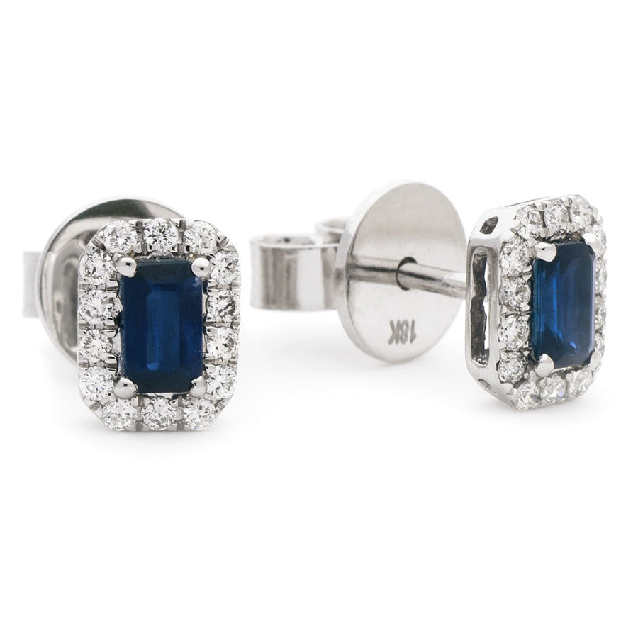 Sapphire & Diamond Rectangle Cluster Earrings 0.90ct in 18k White Gold - David Ashley