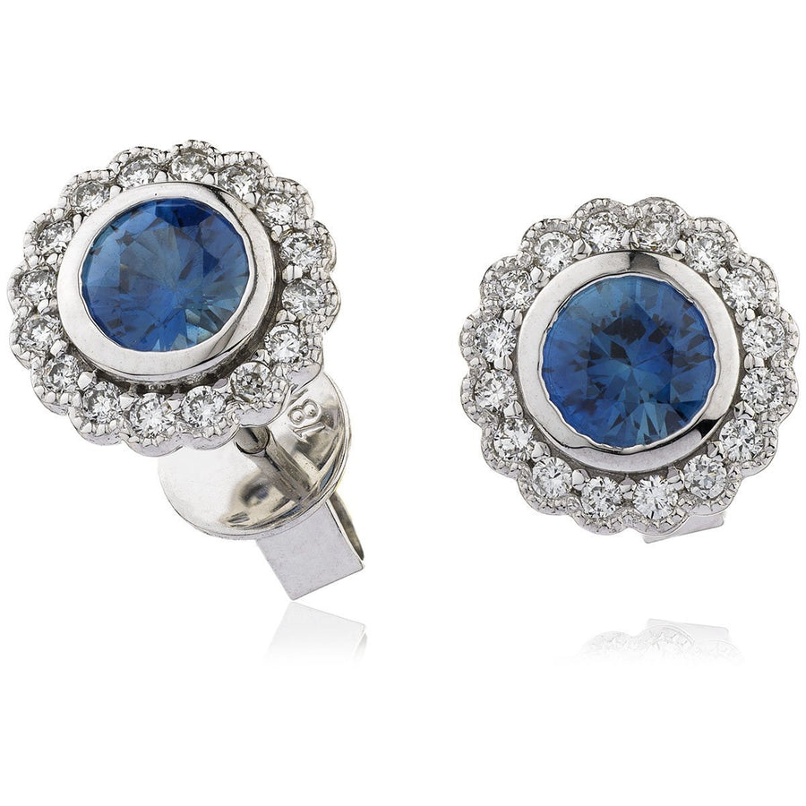 Sapphire & Diamond Round Cluster Earrings 1.05ct in 18k White Gold - David Ashley