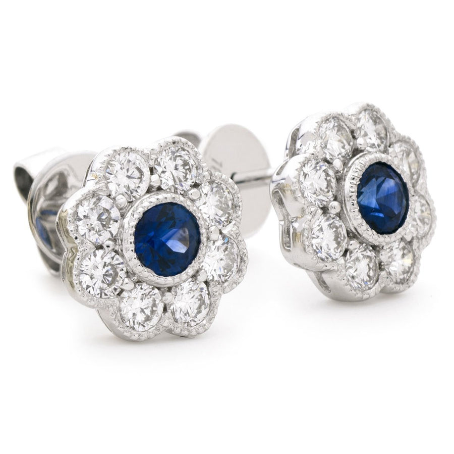 Sapphire & Diamond Round Cluster Earrings 1.15ct in 18k White Gold - David Ashley