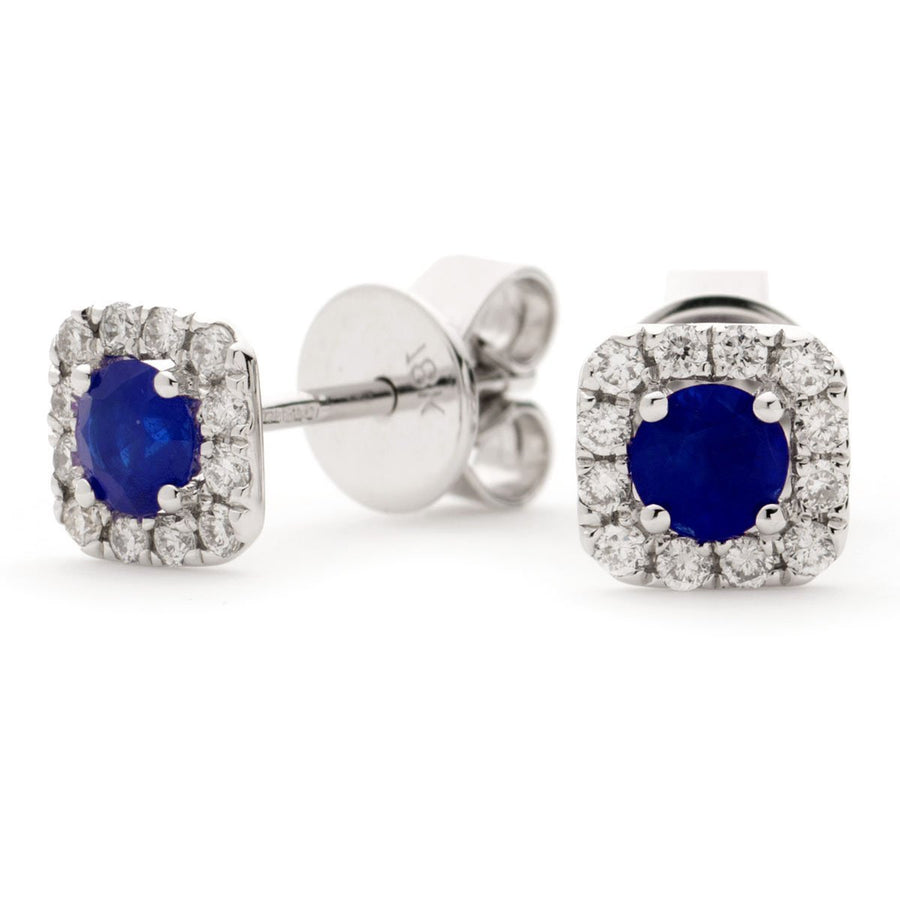 Sapphire & Diamond Square Cluster Earrings 0.60ct in 18k White Gold - David Ashley