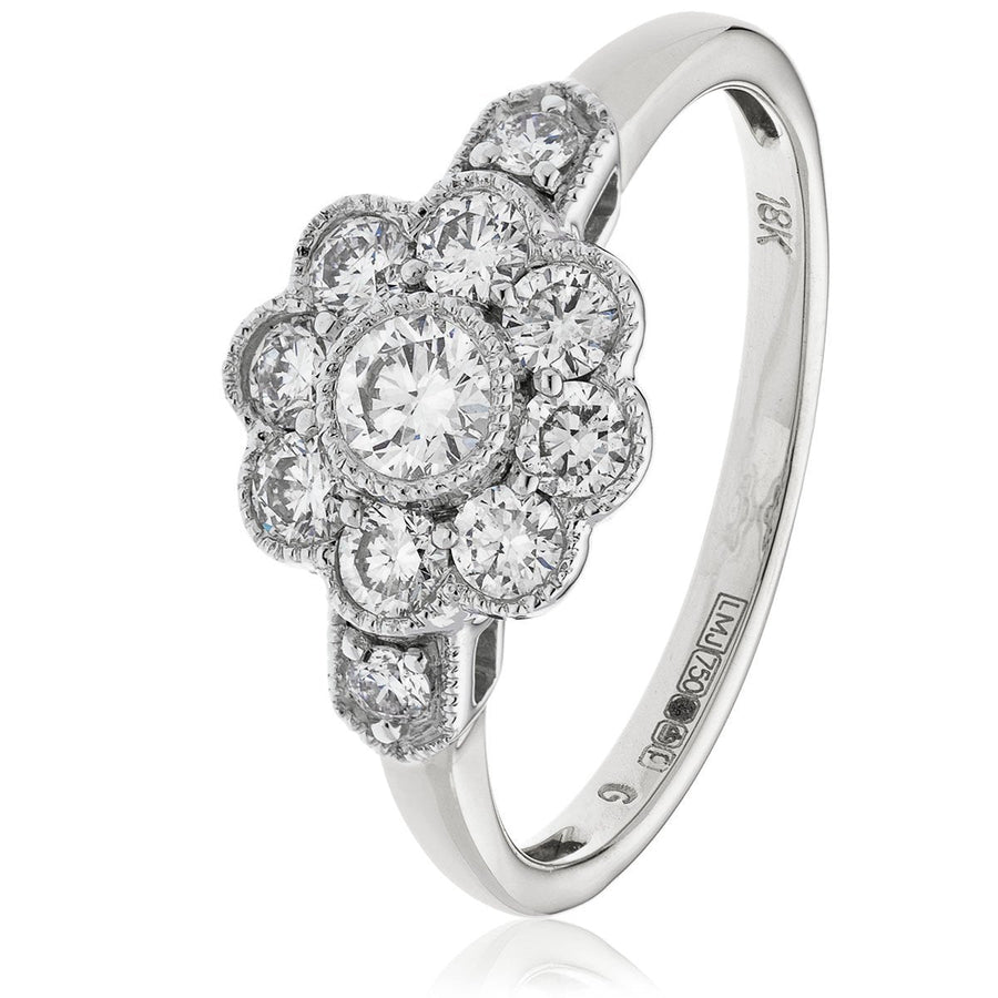 Vintage Diamond Cluster Ring 0.60ct F-VS Quality in 18k White Gold - David Ashley