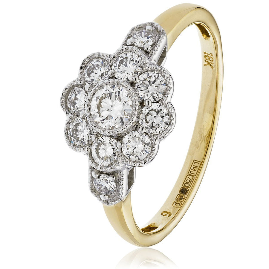 Vintage Diamond Cluster Ring 0.60ct F-VS Quality in 18k Yellow Gold - David Ashley