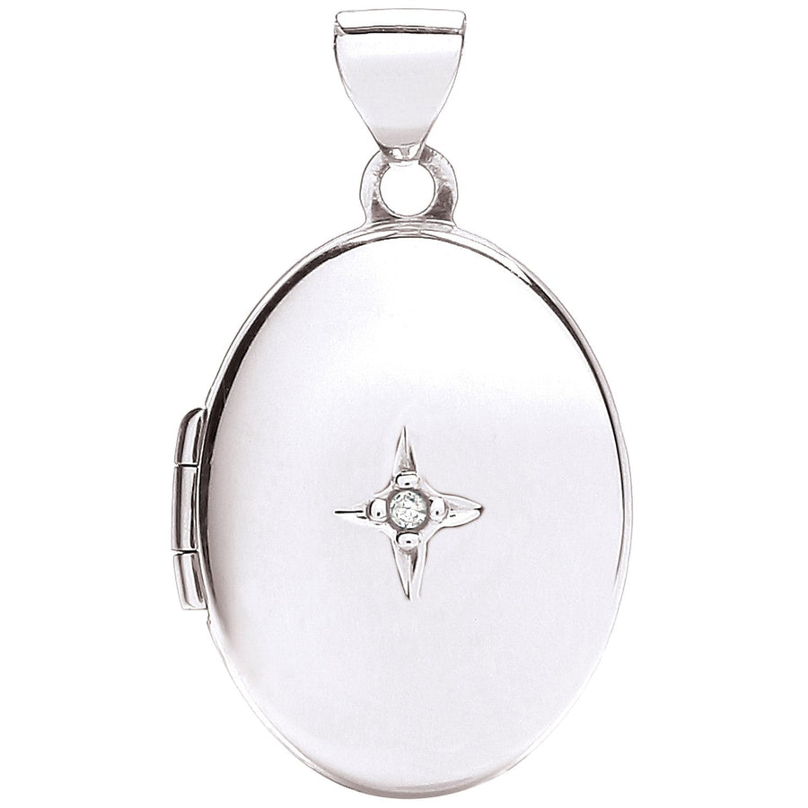 9ct White Gold Diamond Set Oval Shaped Locket Pendant Necklace - David Ashley