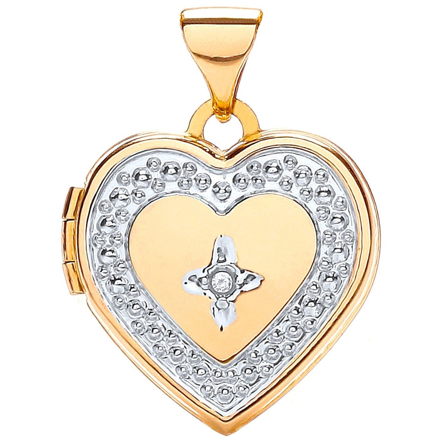 9ct Yellow Gold Diamond Set Love Heart Shaped Locket Pendant Necklace - David Ashley