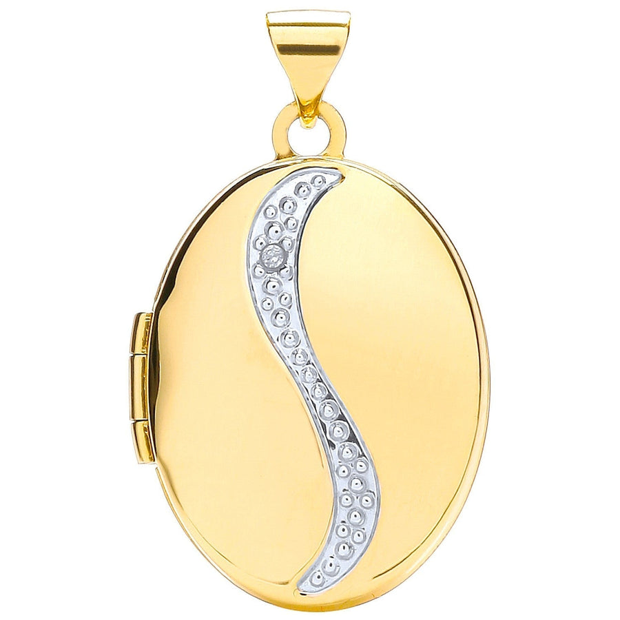 9ct Yellow Gold Diamond Set Oval Shaped Locket Pendant Necklace - David Ashley